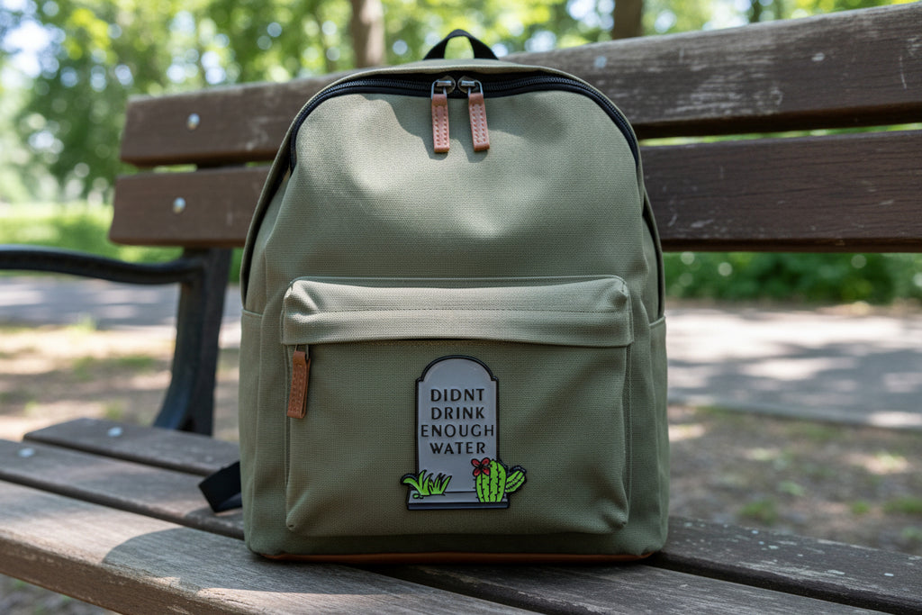Gravestone with 'DIDNT DRINK ENOUGH WATER' text on a green bookbag.