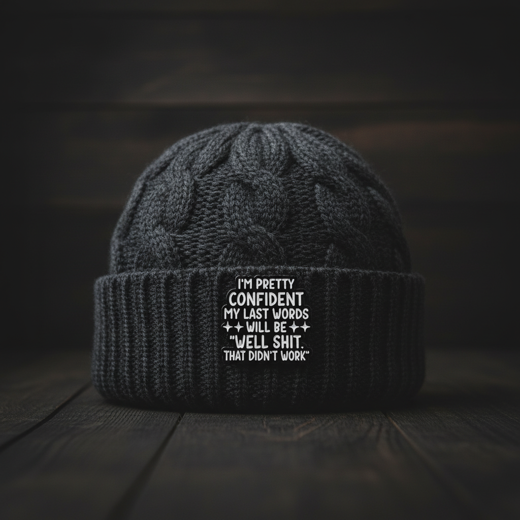 I'm pretty confident my last words will be well shit. that didn't work enamel pin worn on beanie hat alternative enamel pin for casual outfits and street wear
