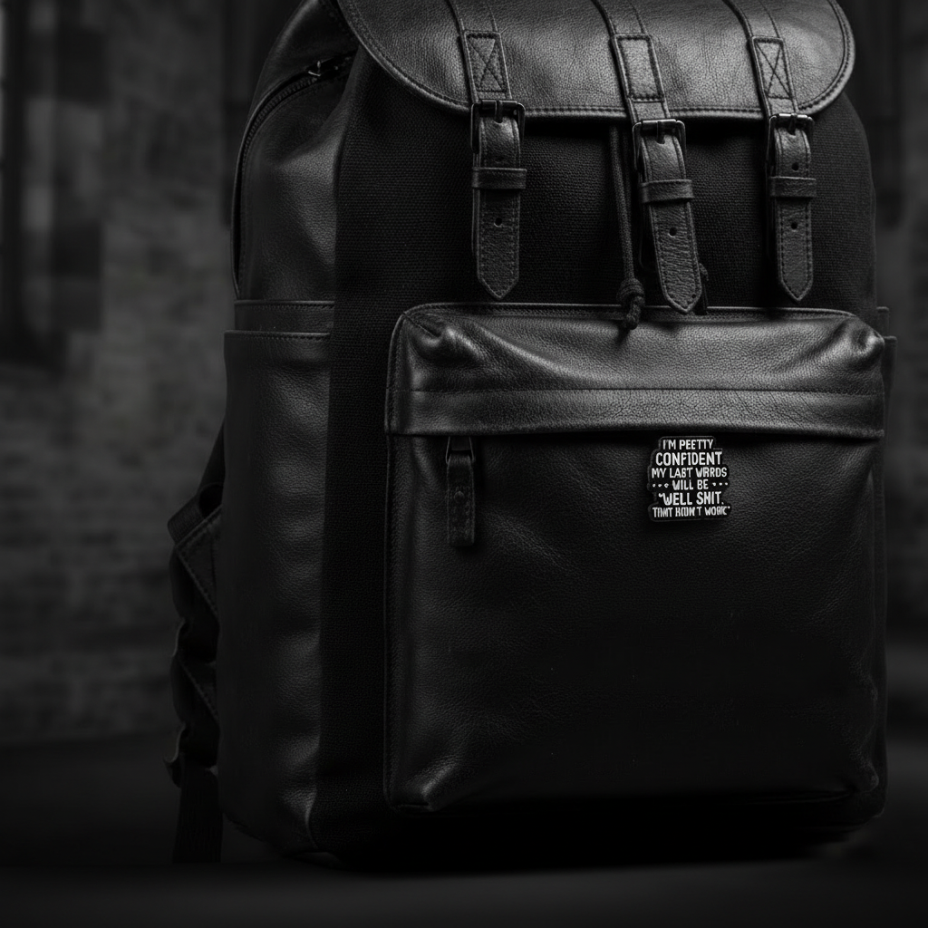 I'm pretty confident my last words will be well shit. that didn't work enamel pin on backpack sassy accessory for customizing bags and school gear
