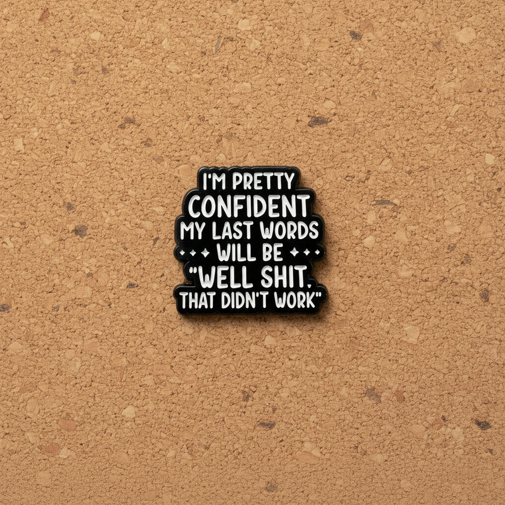 I'm pretty confident my last words will be well shit. that didn't work enamel pin displayed on cork board funny enamel pin for collectors and display