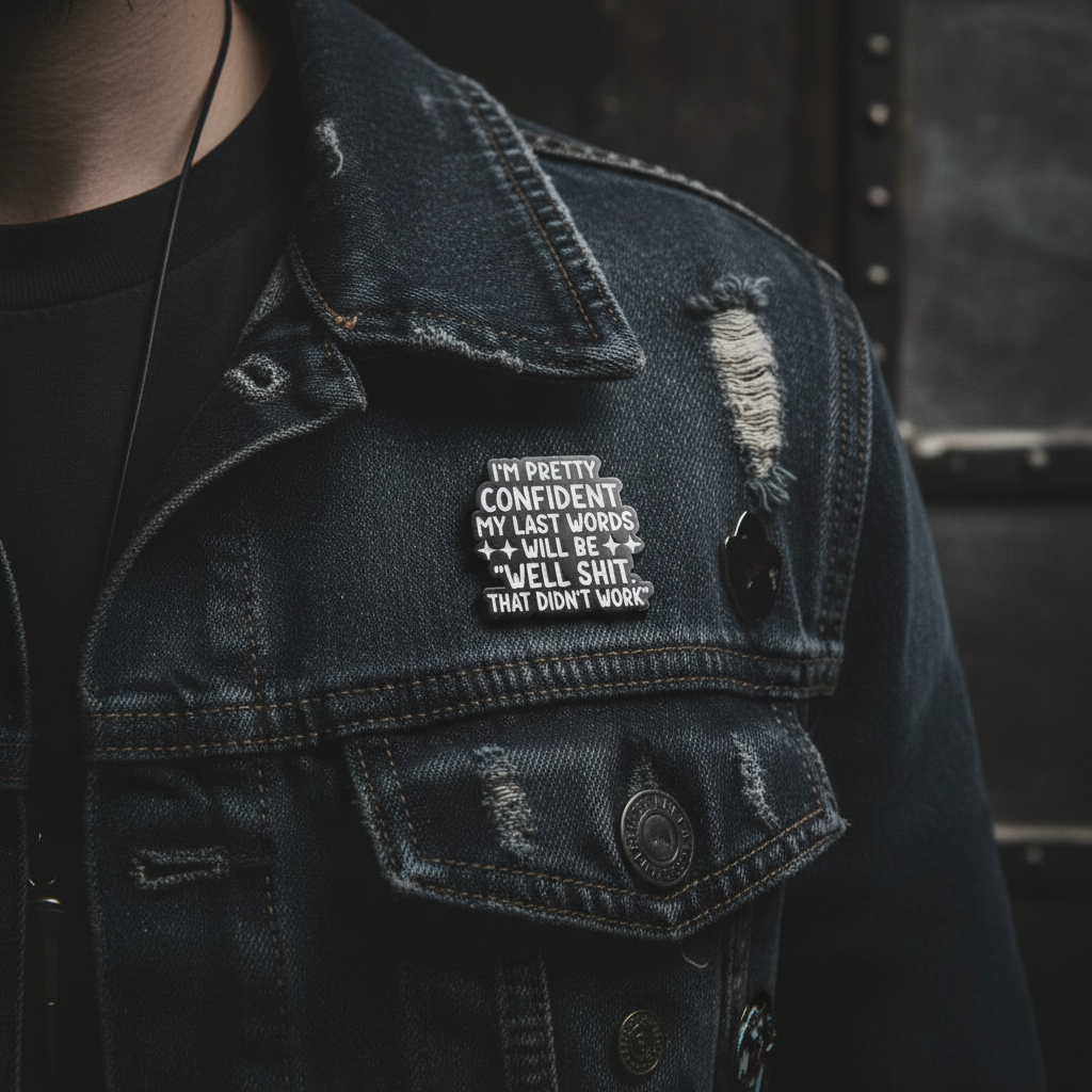 I'm pretty confident my last words will be well shit. that didn't work enamel pin worn on jacket lapel, funny pin style for everyday wear