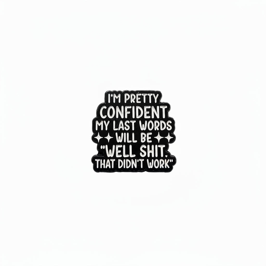 I'm pretty confident my last words will be well shit. that didn't work enamel pin featuring black and white textdesign, funny gift for jackets and bags