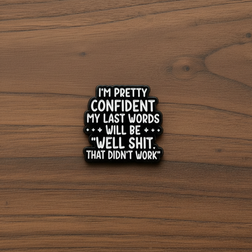 I'm pretty confident my last words will be well shit. that didn't work enamel pin on wood background funny enamel pin with text detail