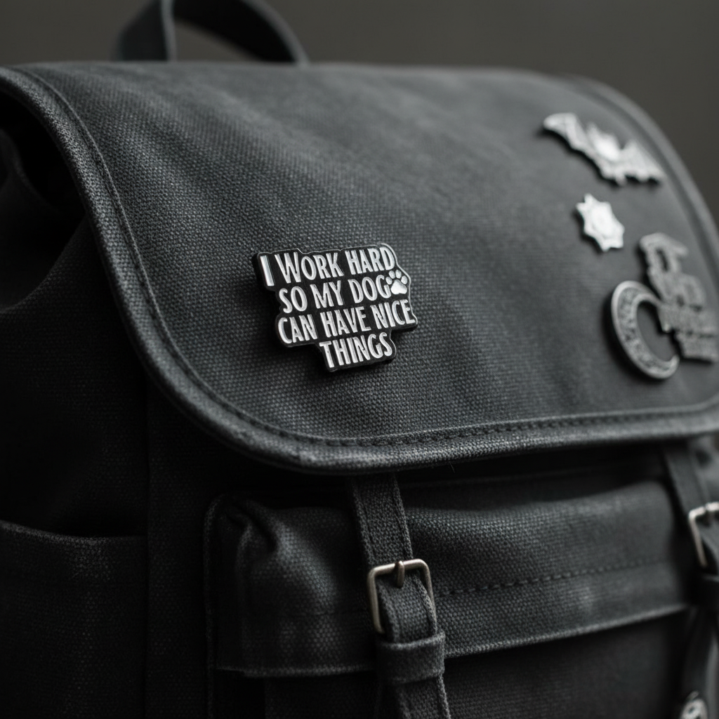 I work hard so my dog can have nice things enamel pin on backpack cute accessory for customizing bags and school gear
