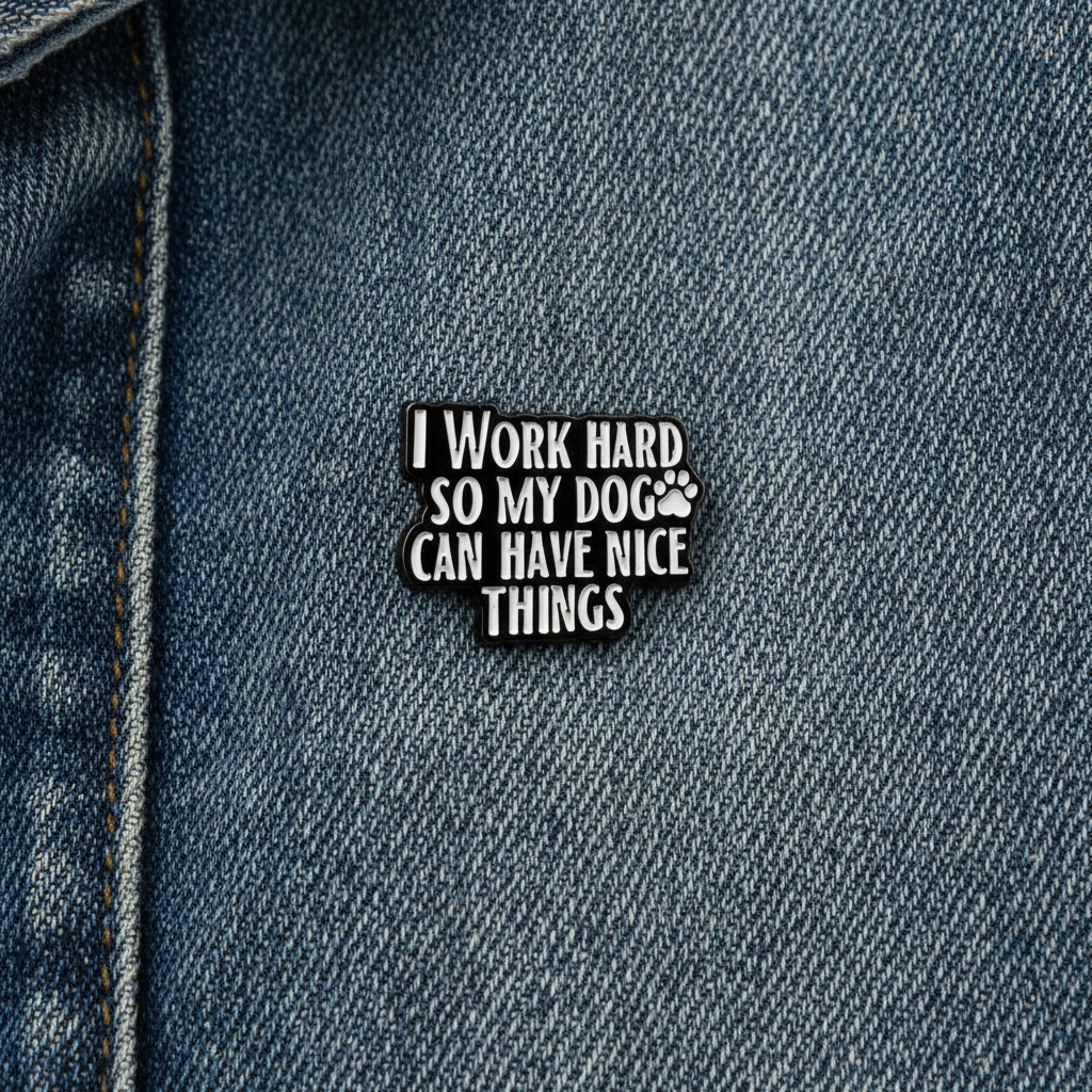 I work hard so my dog can have nice things enamel pin worn on jacket lapel, animal pin style for everyday wear