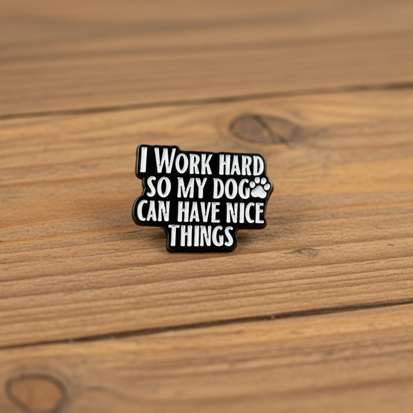 I work hard so my dog can have nice things enamel pin on wood background cute enamel pin with dog oaw detail