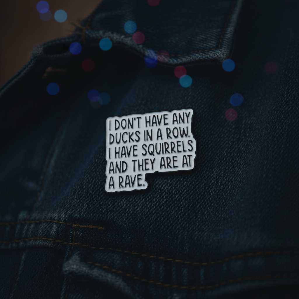 I don't have my ducks in a row enamel pin worn on denim jacket lapel, gen z pin style for everyday wear