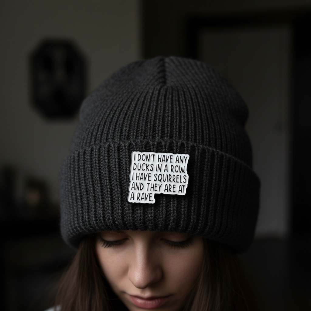 I don't have my ducks in a row enamel pin worn on beanie hat alternative enamel pin for casual outfits and street wear