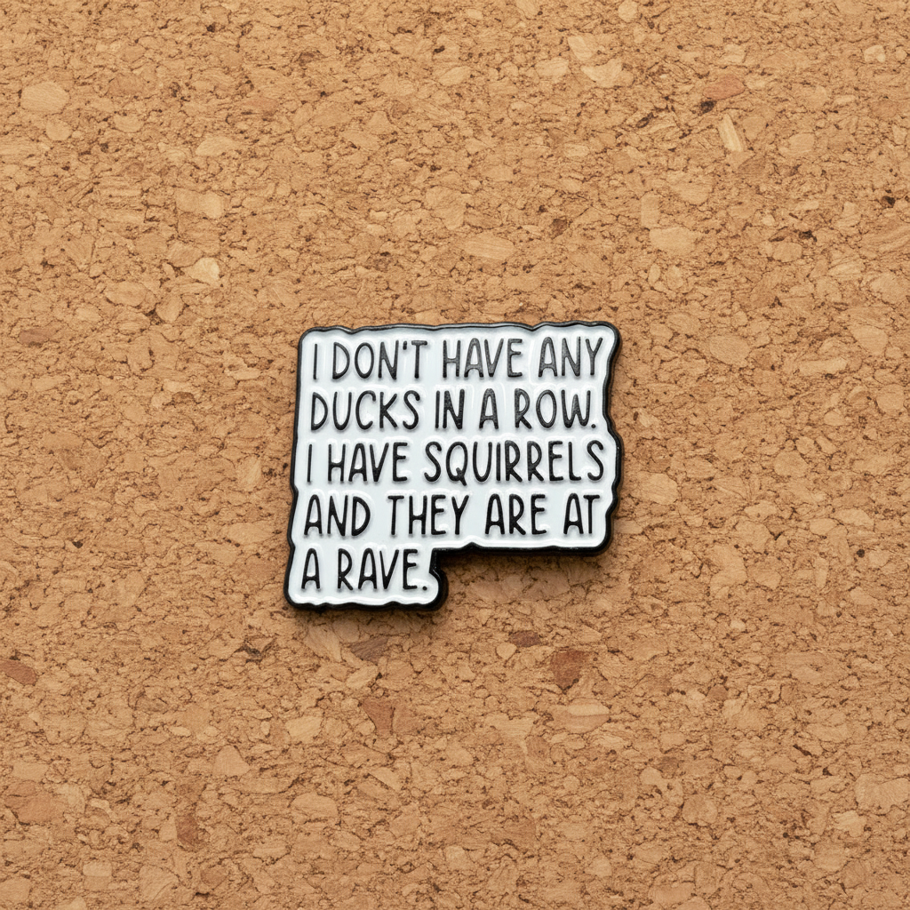 I don't have my ducks in a row enamel pin displayed on cork board sarcastic enamel pin for collectors and display