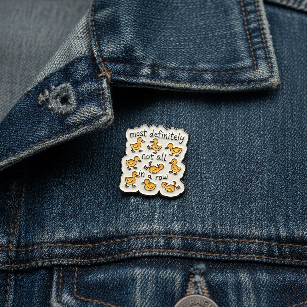 Most definitely not all in a row enamel pin worn on jacket lapel, sarcastic pin style for everyday wear