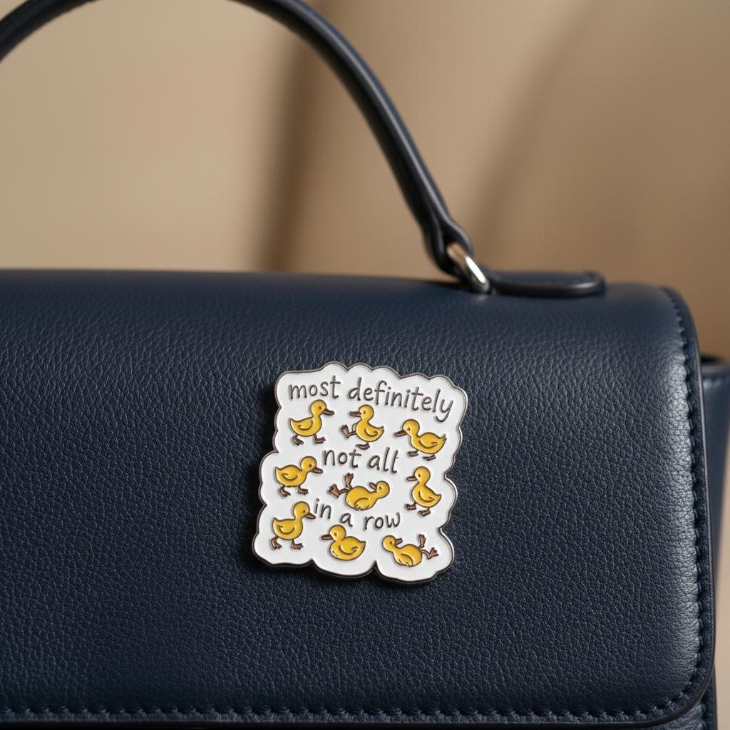 Most definitely not all in a row enamel pin attached to purse cute brooch accessory for bags and personal style