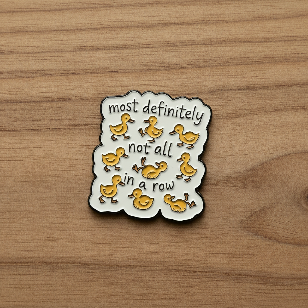 Most definitely not all in a row enamel pin on wood background neurodigervent enamel pin with duck detail