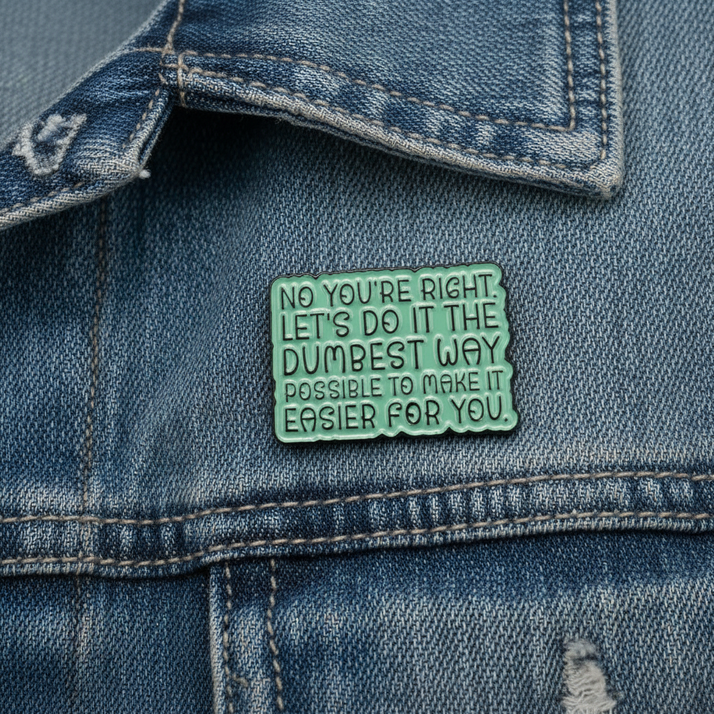 No you're right let's do it the dumbest way possible to make it easier for you enamel pin worn on jacket lapel, pin funny for everyday wear 