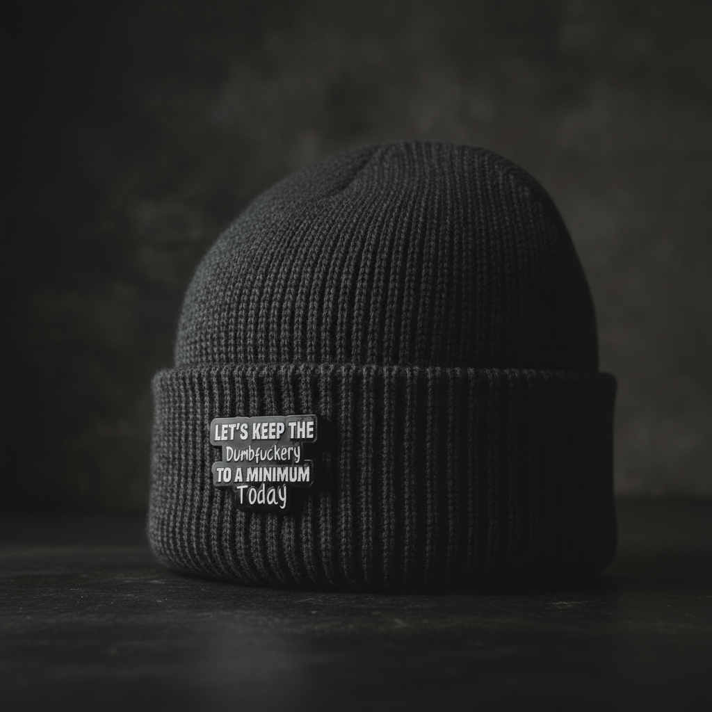 Let's keep the dumbfuckery to a minium today enamel pin worn on beanie hat alternative enamel pin for casual outfits and street wear