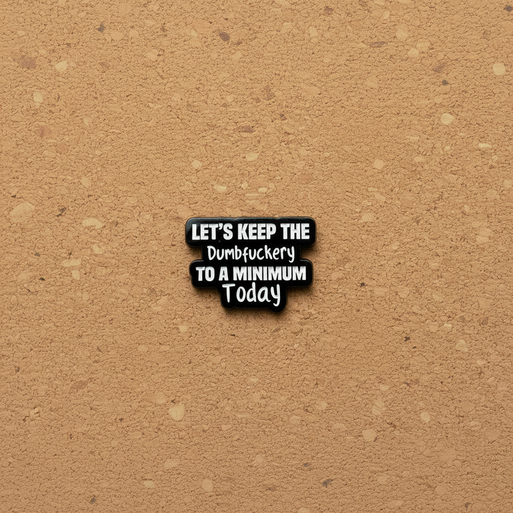 Let's keep the dumbfuckery to a minium today enamel pin displayed on cork board sarcastic enamel pin for collectors and display