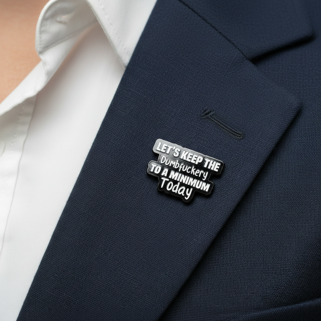 Let's keep the dumbfuckery to a minium today enamel pin worn on jacket lapel, funny pin style for everyday wear