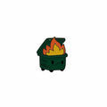 Green dumpster-shaped pin with a colorful face on a gray background