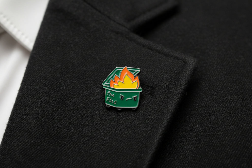 Green dumpster-shaped pin with a colorful face on a gray background