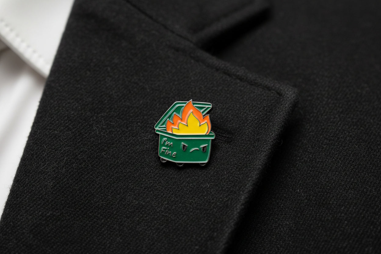 Green dumpster-shaped pin with a colorful face on a gray background