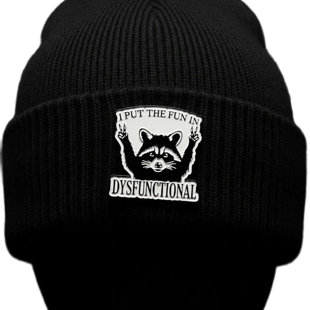 I put the fun in dysfunctional enamel pin worn on beanie hat gen z enamel pin for casual outfits and street wear