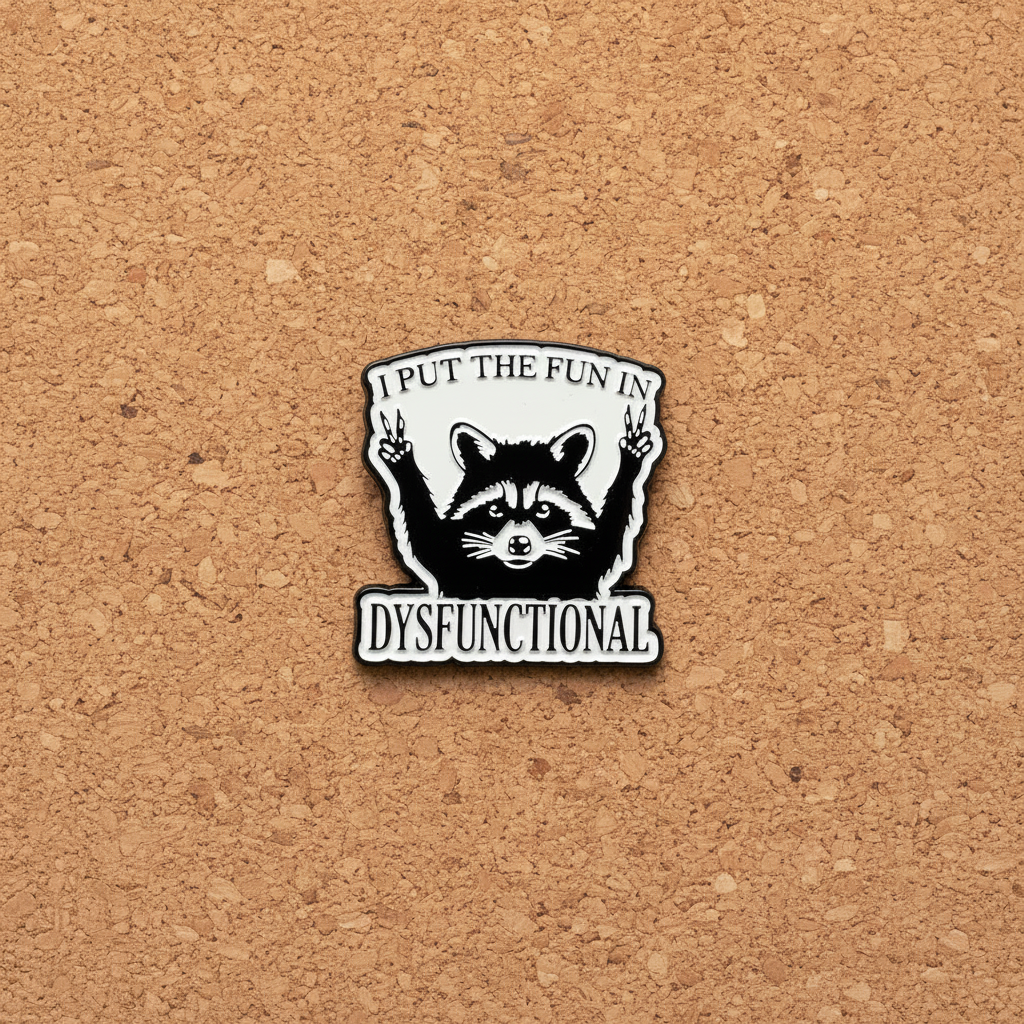 I put the fun in dysfunctional enamel pin displayed on cork board sassy enamel pin for collectors and display