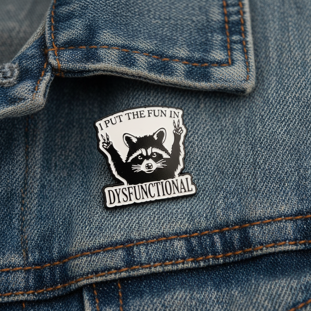 I put the fun in dysfunctional enamel pin worn on denim jacket lapel, mental health pin style for everyday wear