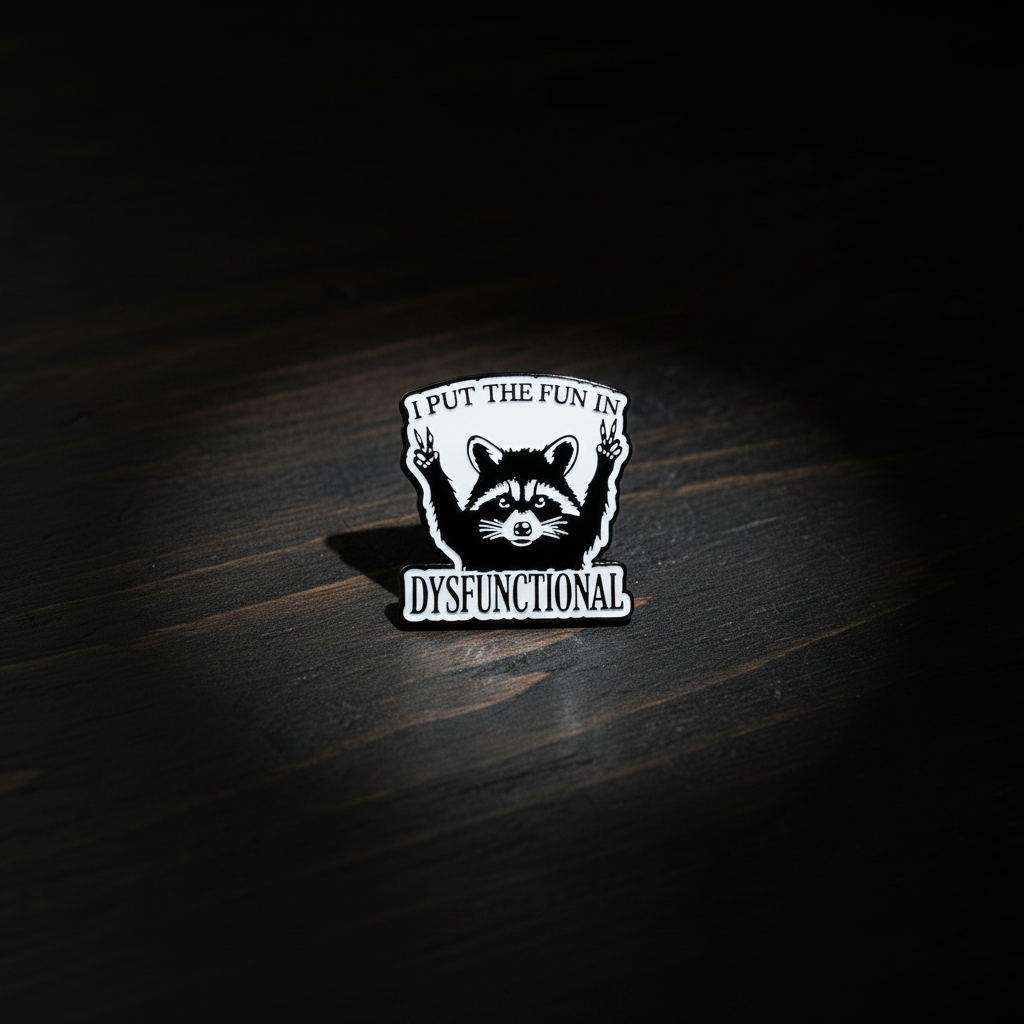I put the fun in dysfunctional enamel pin on wood background funny enamel pin with raccoon detail
