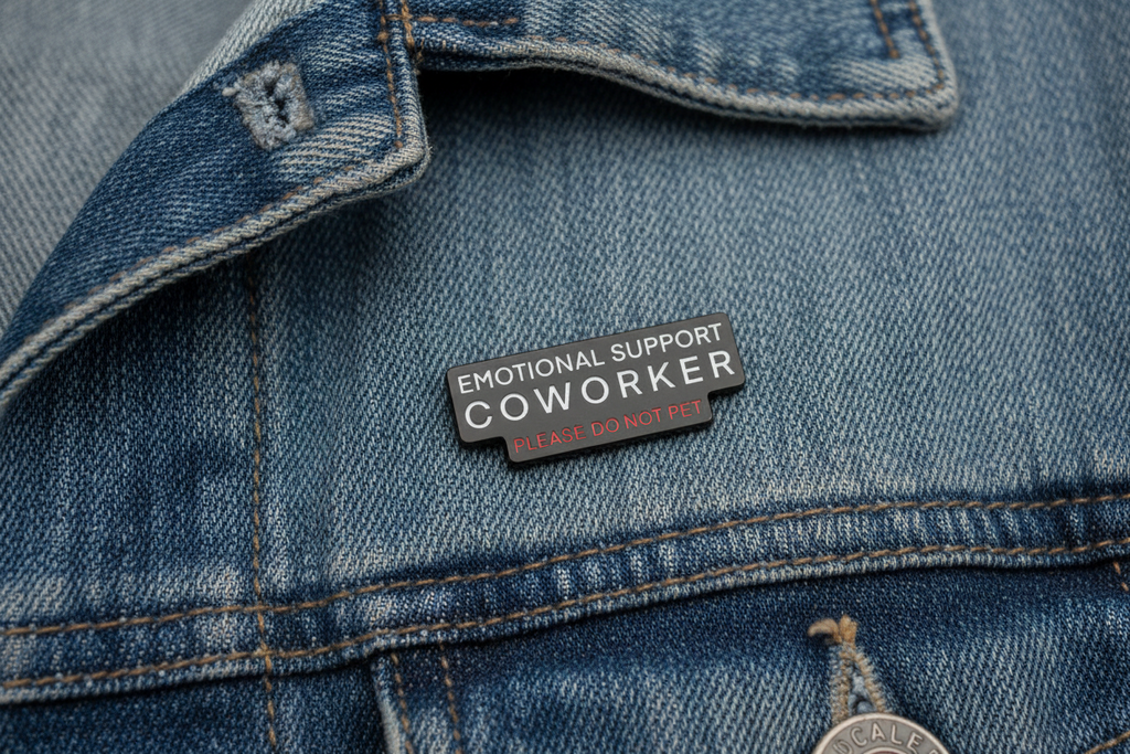 Black pin with white and red writing on a denim background