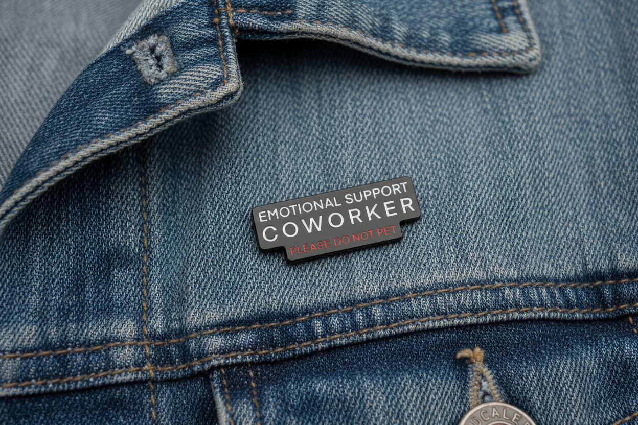 Black pin with white and red writing on a denim background
