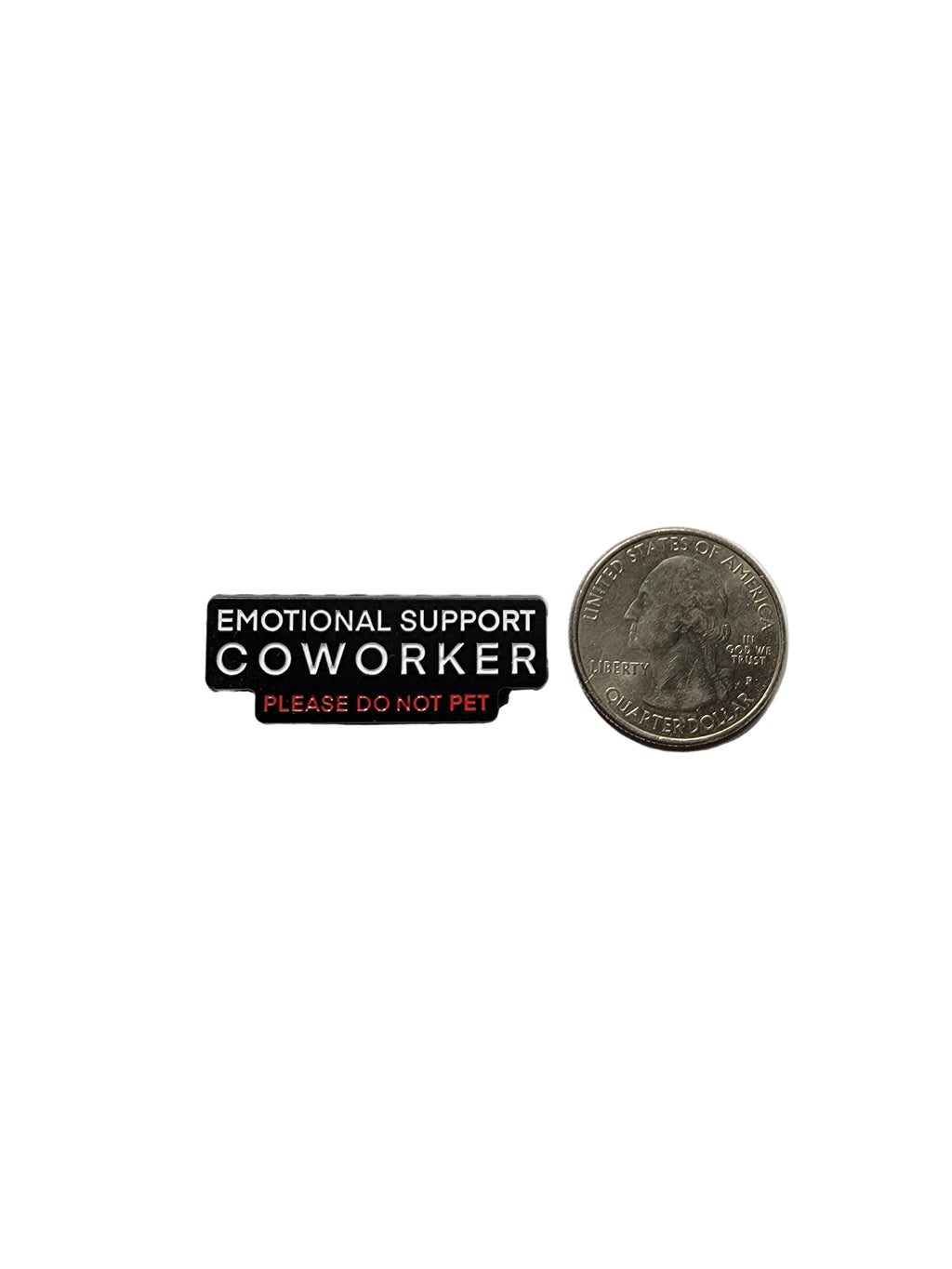 Two small rectangular stickers labeled 'Emotional Support Colleague' with a quarter for scale on a gray background.