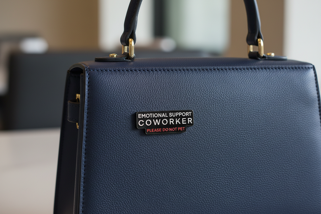 Black pin with white and red writing on a navy bag background