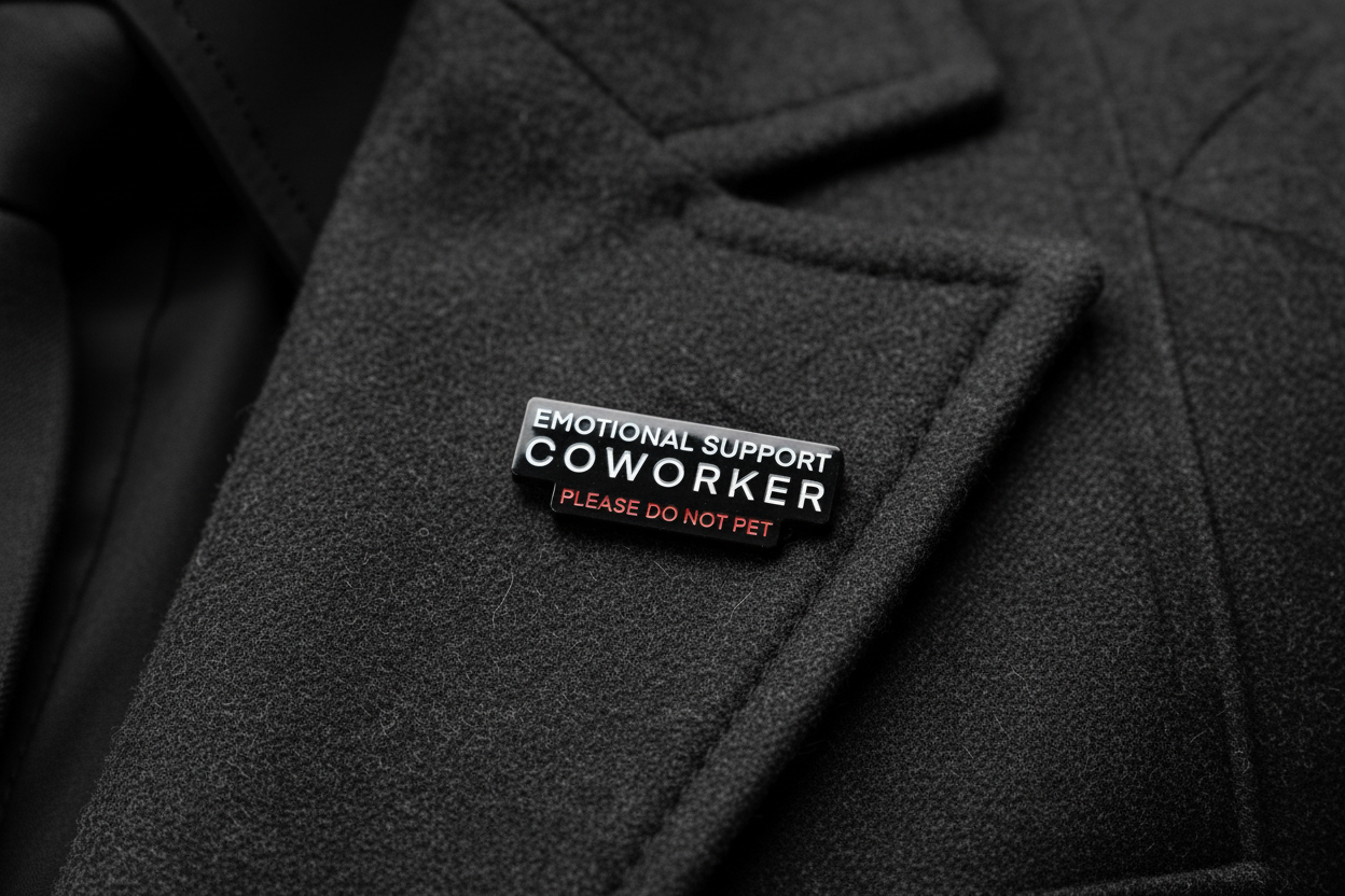 Black pin with white and red writing on a gray lapel background