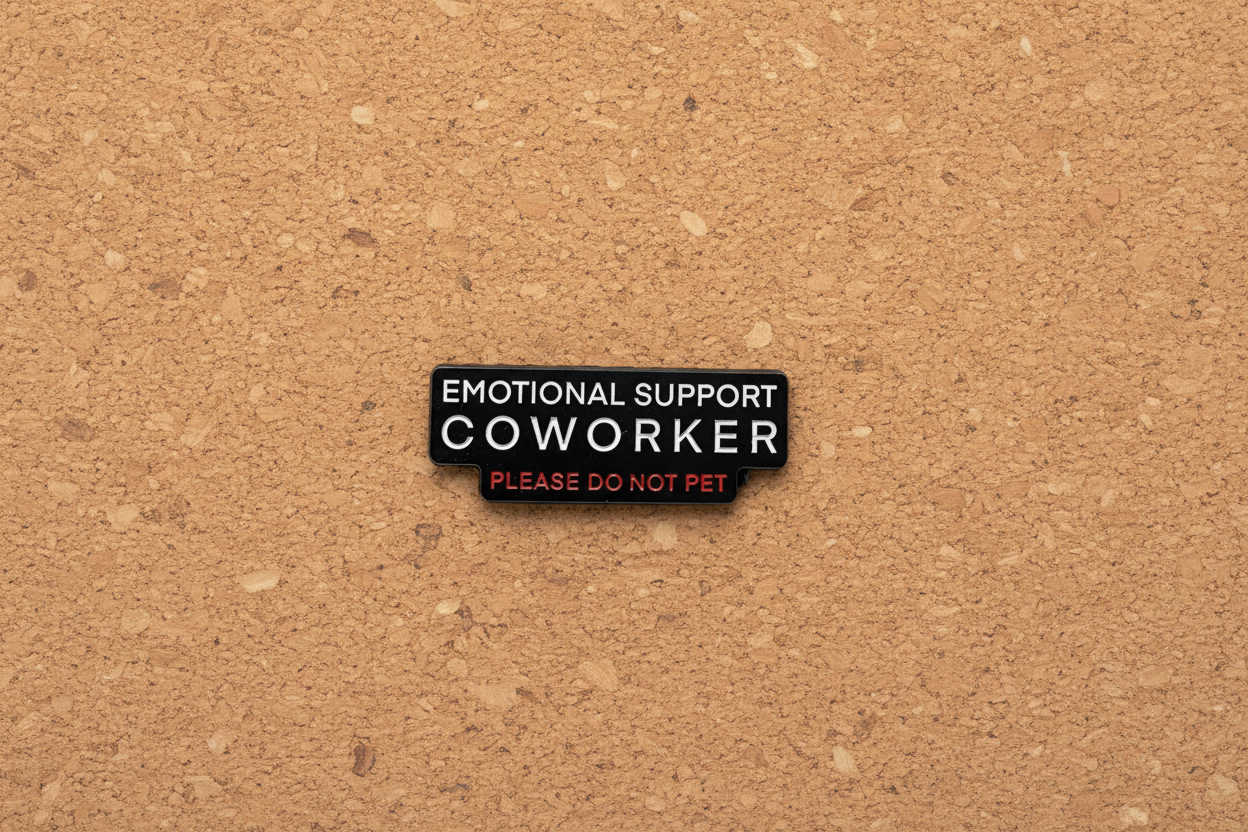 Black pin with white and red writing on a cork background