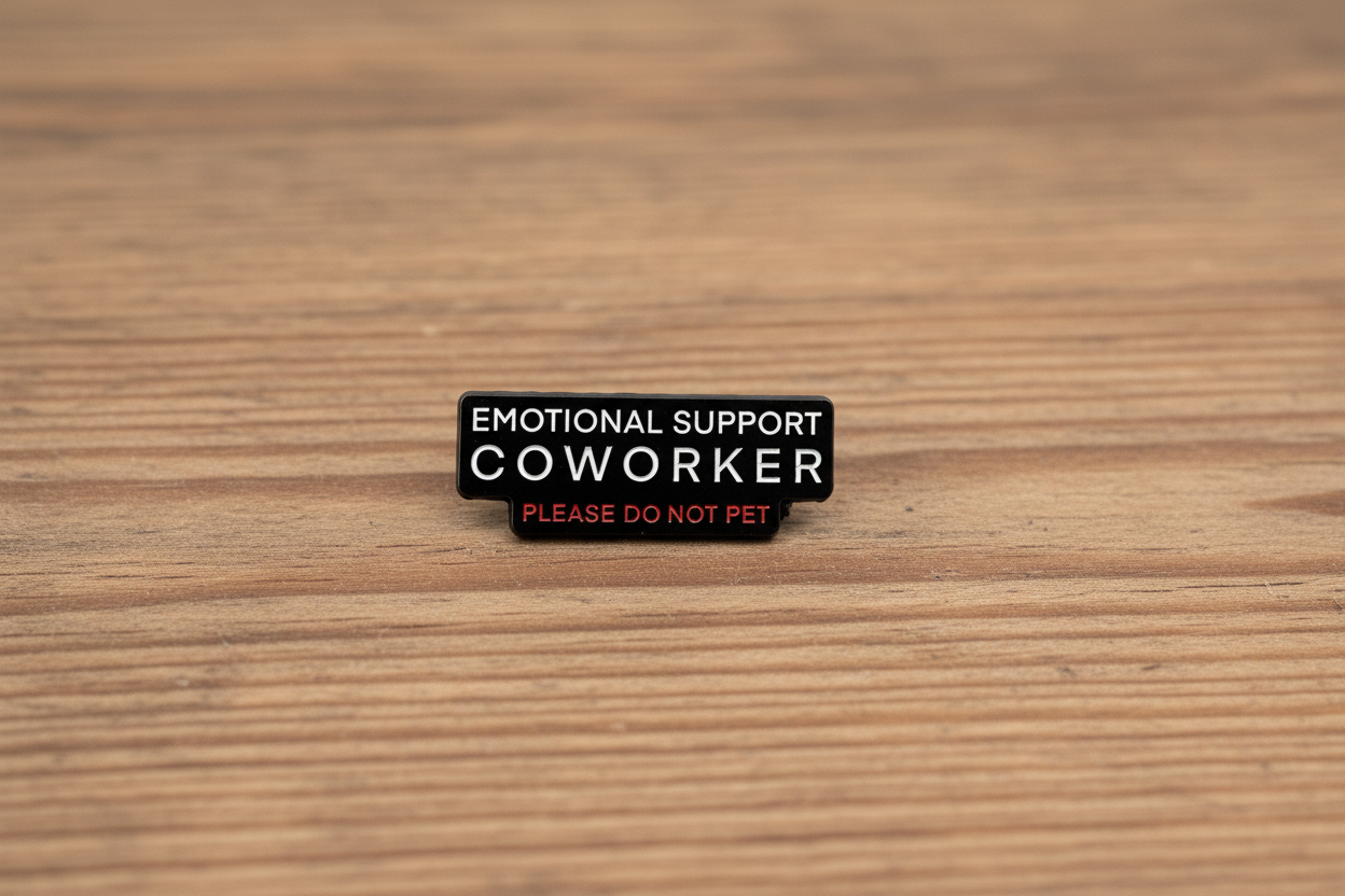 Black pin with white and red writing on a wood background