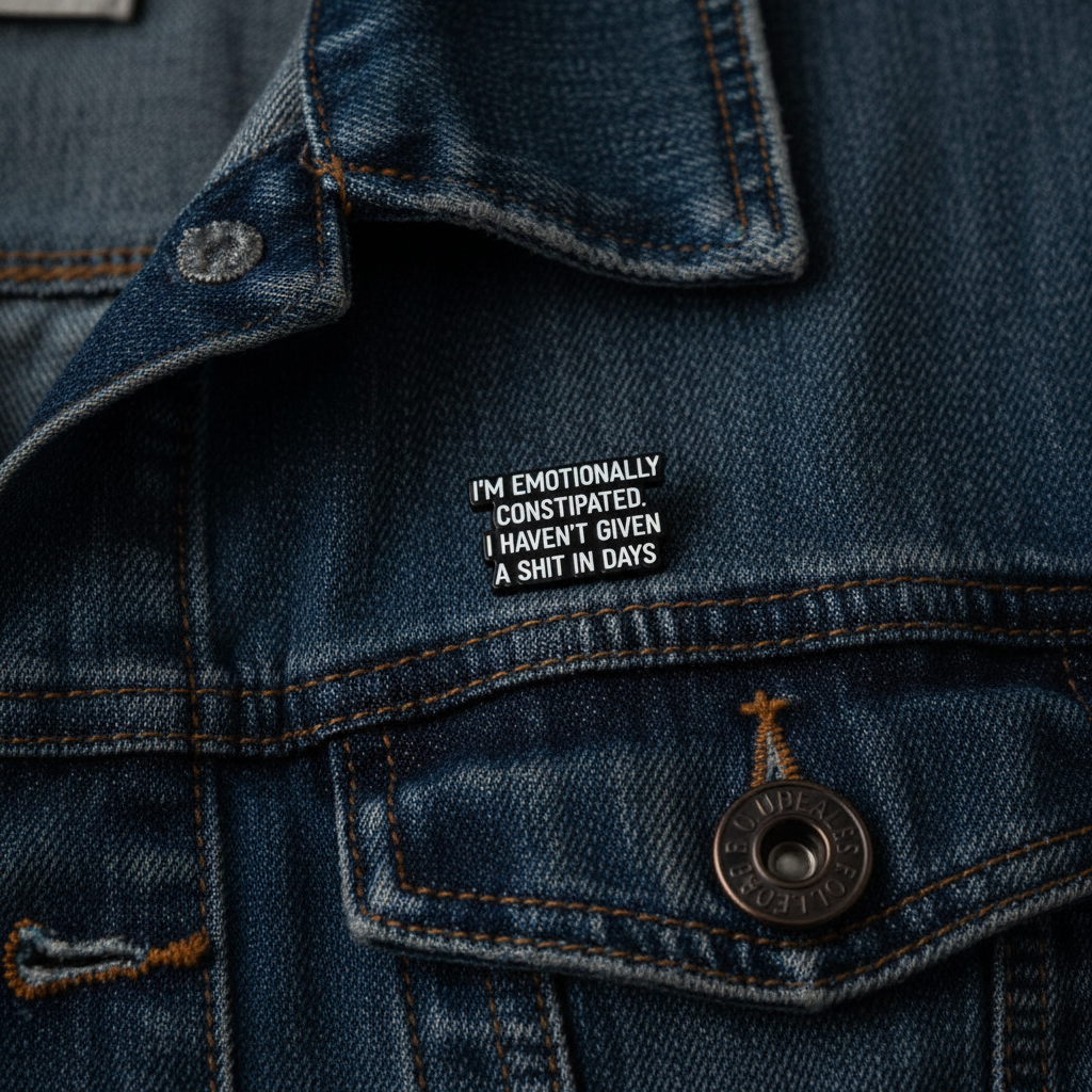 I'm Emotionally constipated I haven't given a shit in days enamel pin worn on jacket lapel, sarcastic pin style for everyday wear