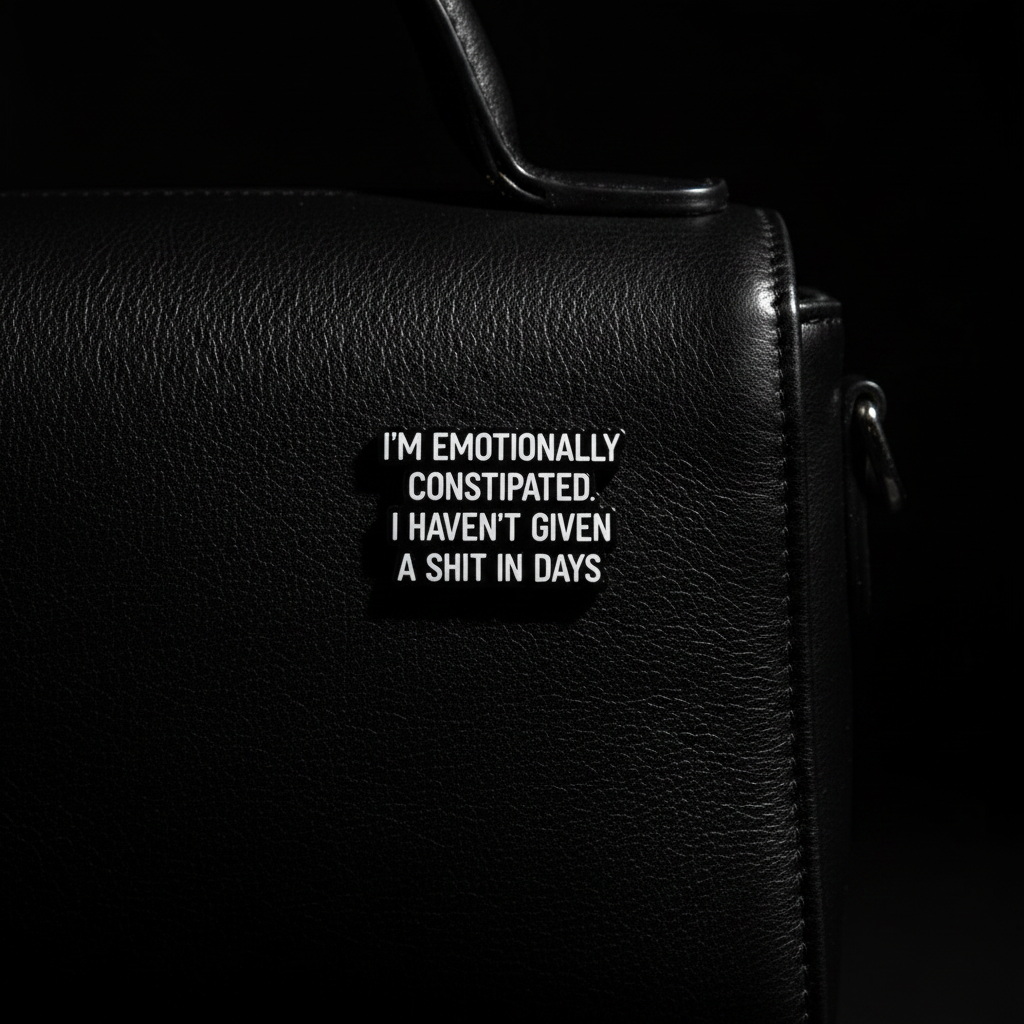 I'm Emotionally constipated I haven't given a shit in days enamel pin attached to purse sarcastic brooch accessory for bags and personal style