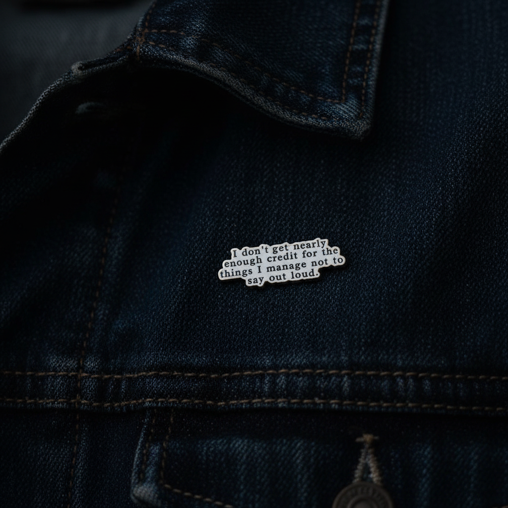 I don't get nearly enough credit enamel pin worn on jacket lapel, sarcastic pin style for everyday wear