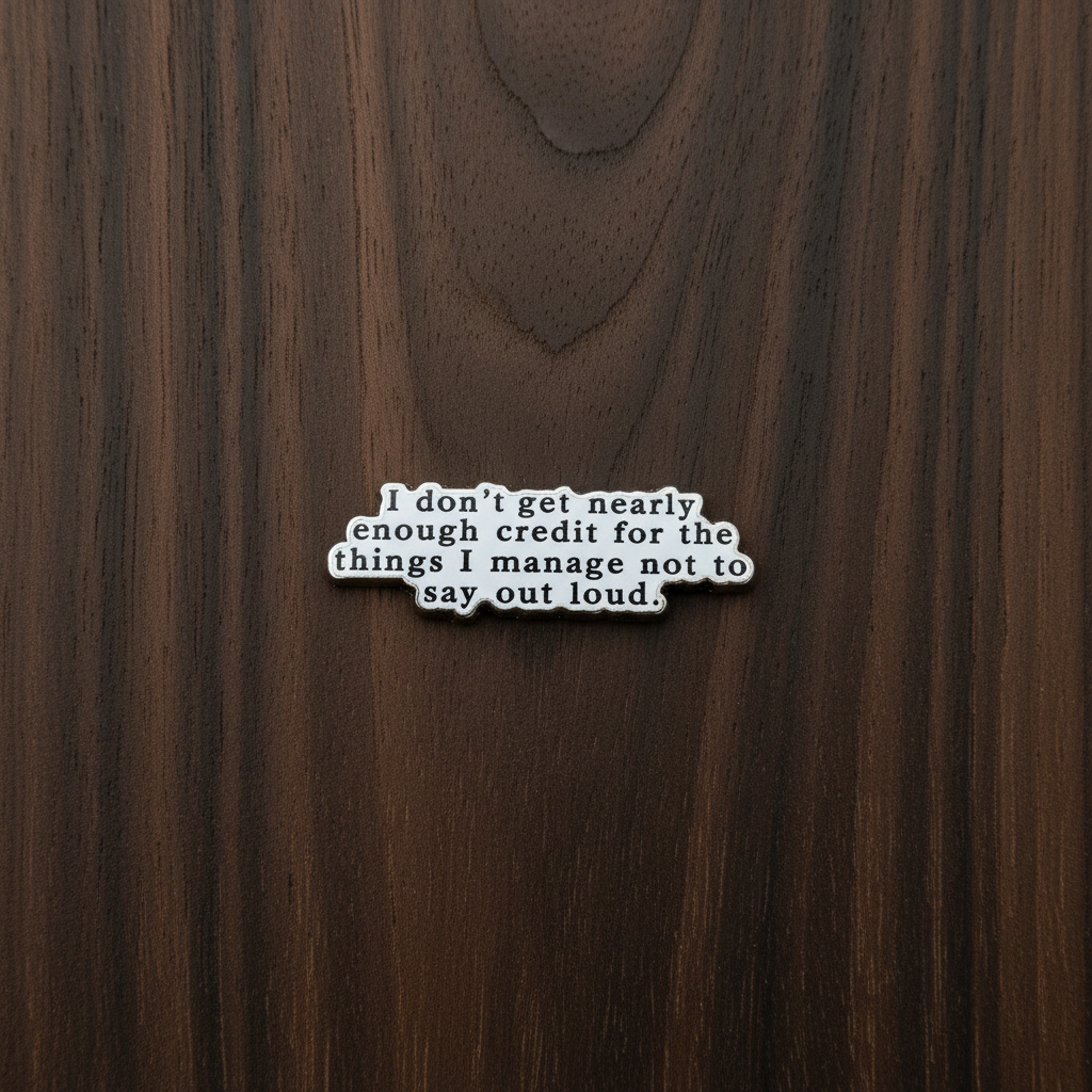 I don't get nearly enough credit enamel pin on wood background gen z enamel pin with black and silver text detail