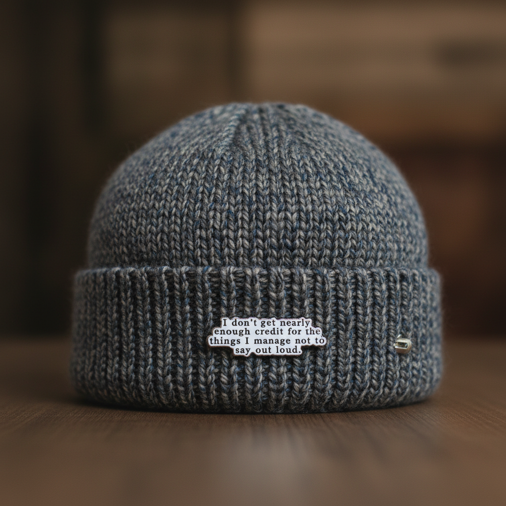 I don't get nearly enough credit enamel pin worn on beanie hat alternative enamel pin for casual outfits and street wear