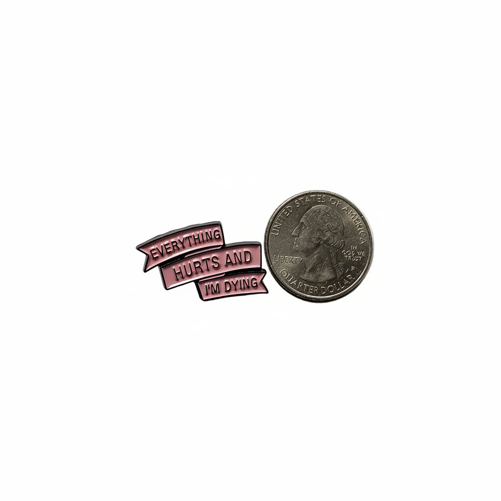 everyting hurts and I'm dying enamel pin shown next to quarter for size reference getting old enamel pin dims  1 1/8 in W x 1/2 in H