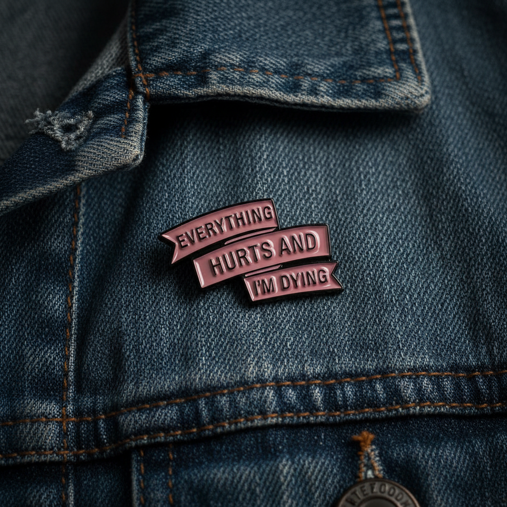 everyting hurts and I'm dying enamel pin worn on jacket lapel, sarcastic pin style for everyday wear