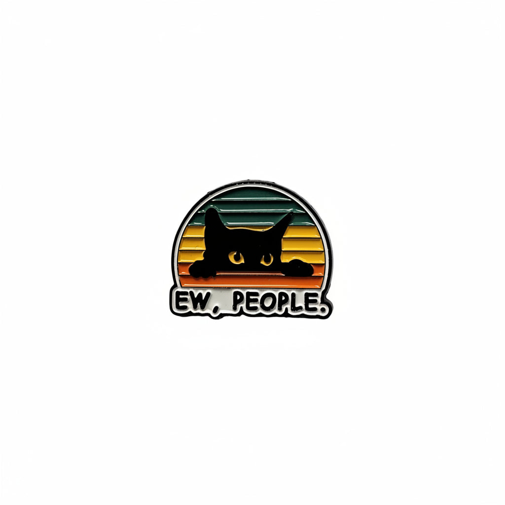 Pin with a black cat design and 'EW. PEOPLE.' text on a gray background