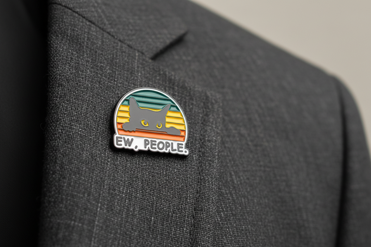 Pin with a black cat design and 'EW. PEOPLE.' text on a gray lapel background
