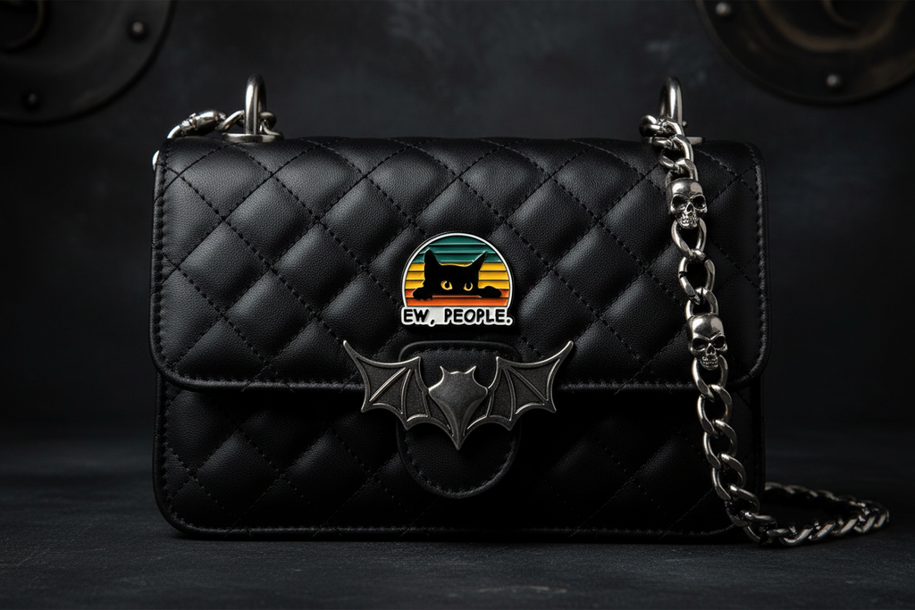 Pin with a black cat design and 'EW. PEOPLE.' text on a black purse background