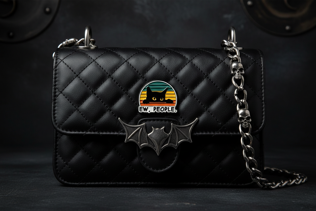Pin with a black cat design and 'EW. PEOPLE.' text on a black purse background