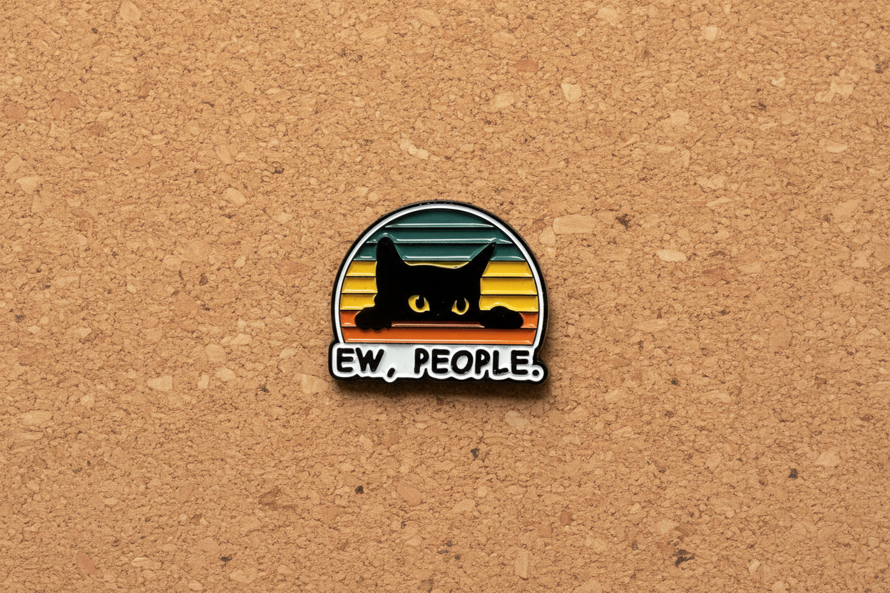 Pin with a black cat design and 'EW. PEOPLE.' text on a cork background
