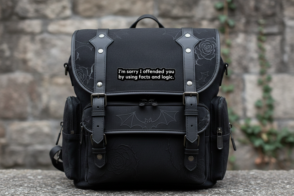 Black enamel pin with white text on a backpack