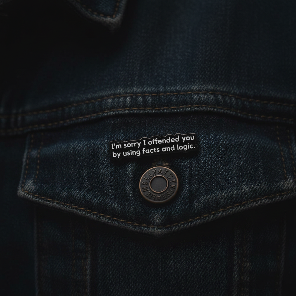 I'm sorry i offended you by using facts and logic enamel pin worn on denim jacket lapel, sarcastic pin style for everyday wear