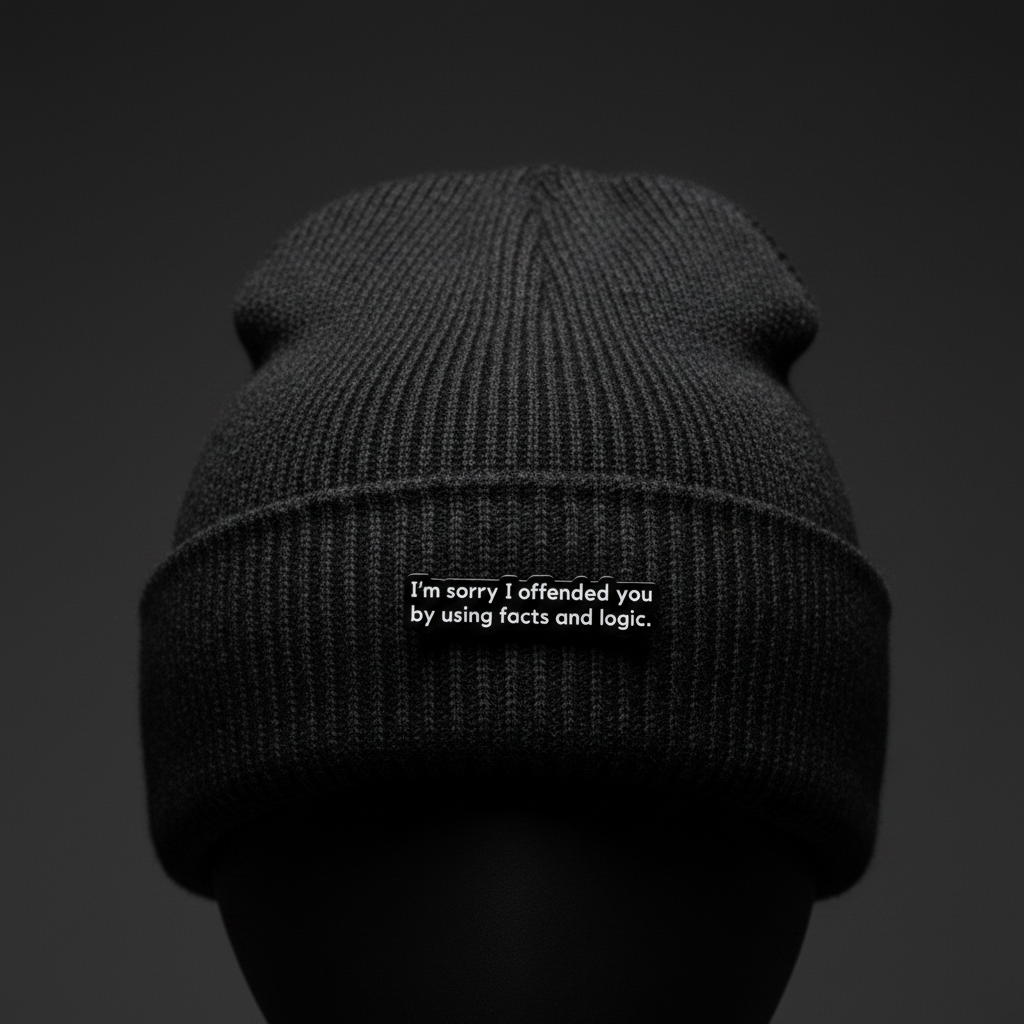 I'm sorry i offended you by using facts and logic enamel pin worn on beanie hat alternative enamel pin for casual outfits and street wear