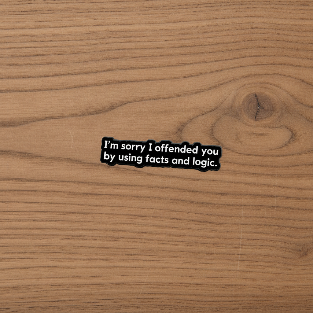 I'm sorry i offended you by using facts and logic enamel pin on wood background funny enamel pin with text detail